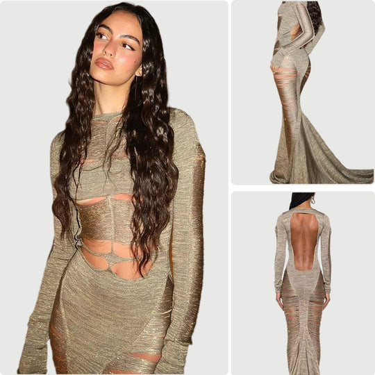 Damen Cut-Out Abendkleid mit langen Ärmeln und schwingendem Saum R&B