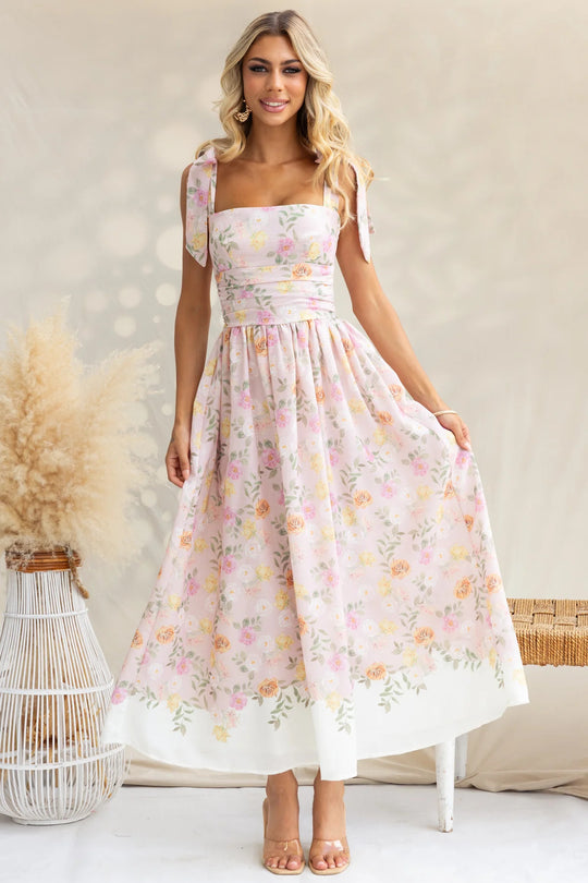 Damen Maxikleid mit verspielten Trägern und floralem Druck R&B