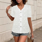 Damen luftiges Blusenshirt mit kunstvollen Lochmustern und Knopfdetails R&B