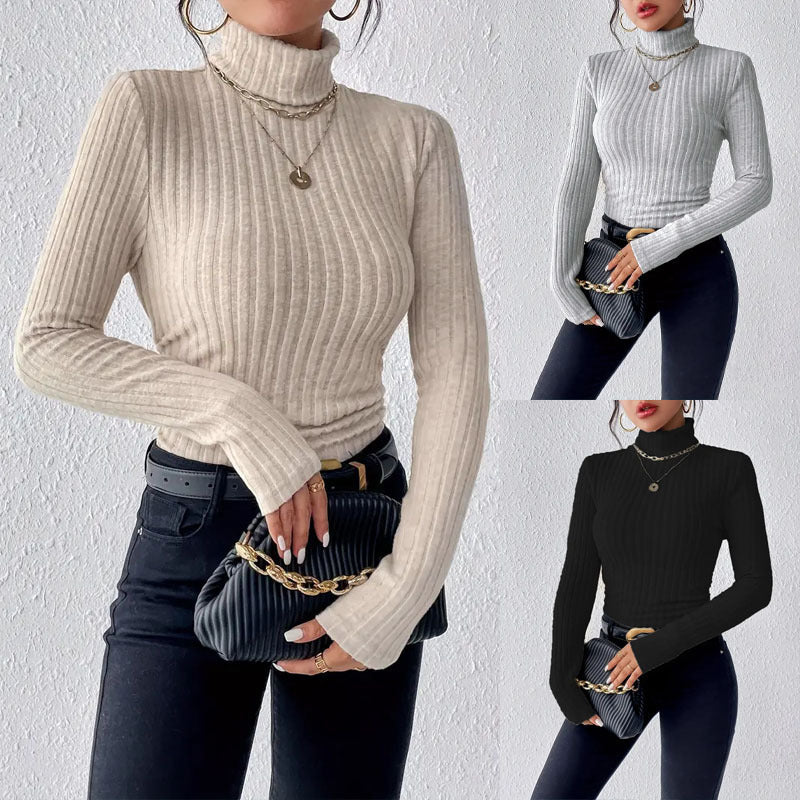 Damen Langarm Rollkragenpullover mit feinen Rippdetails