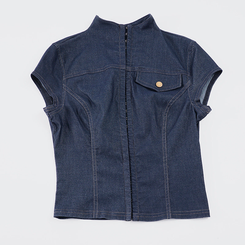 Damen modisches Kurzarm-Jeanshemd mit elegantem Kragen und Knopfdetails R&B
