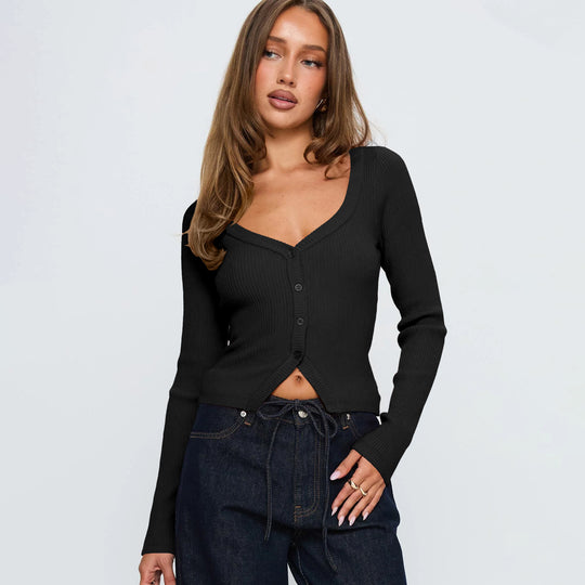 Damen Elegantes Ripp-Cardigan mit V-Ausschnitt und Knopfleiste R&B