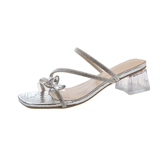 Damen glamouröse Sandalen mit funkelndem Riemen und transparentem Blockabsatz R&B