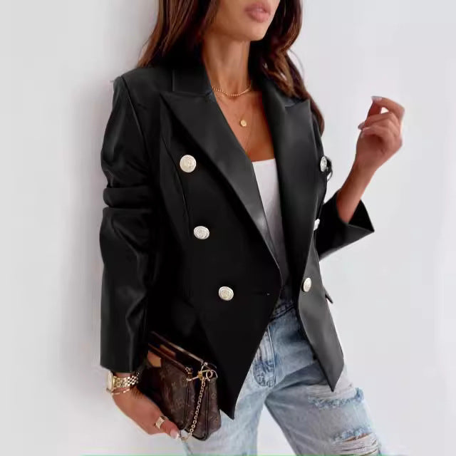 Damen eleganter Kunstleder Blazer mit doppelter Knopfleiste R&B