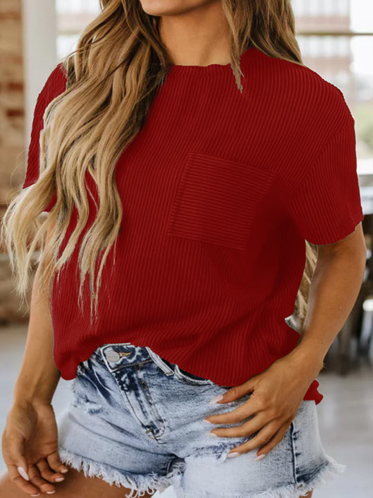 Damen lässiges Kurzarmshirt mit strukturierter Oberfläche und praktischem Brusttaschen R&B