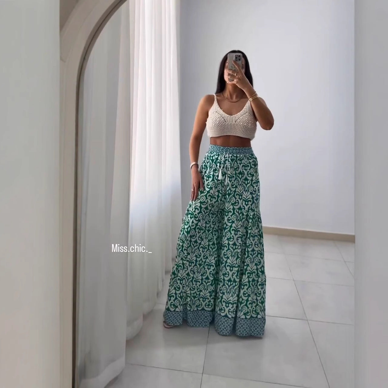 Damen weite Baumwollhose mit eingezogenem Gummibund und modernen Mustern R&B