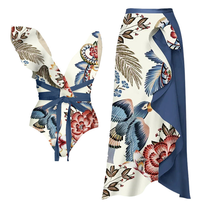 Damen Badeanzug-Set mit floralen Rüschen und taillierter Shorts R&B