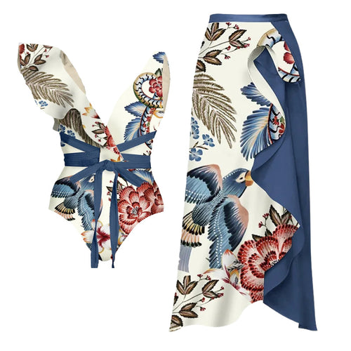 Damen Badeanzug-Set mit floralen Rüschen und taillierter Shorts R&B