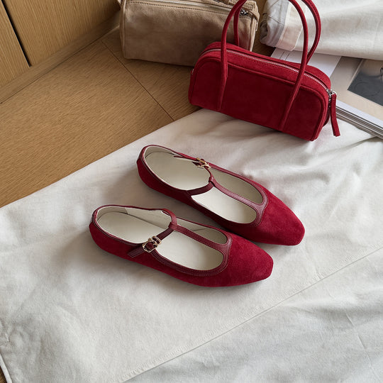 Damen Elegante Mary Jane Ballerinas aus hochwertigem Wildleder mit verstellbarem Riemchen R&B