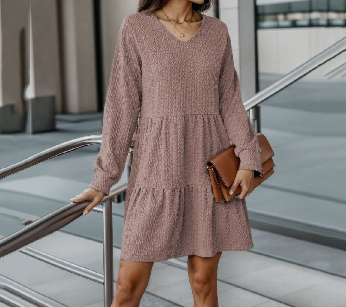 Damen Strickkleid mit V-Ausschnitt und Volant R&B
