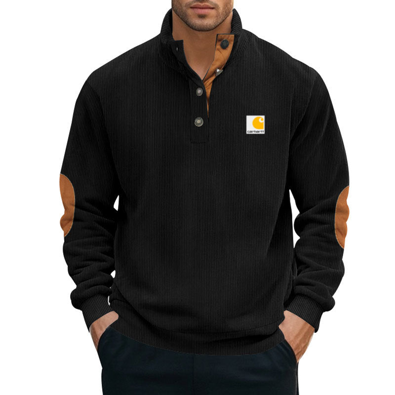 Herren nan Strickpullover im Troyer-Stil mit Stehkragen Lederbesatz Druckknopfleiste und Ellbogen-Patches R&B