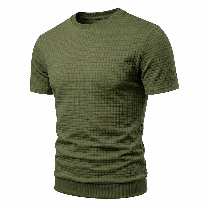 Herren nan kurzärmeliges Strickshirt mit geprägter Karostruktur, Rundhalsausschnitt und geripptem Saum R&B