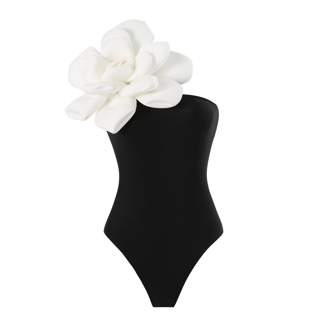 Damen Eleganter Badeanzug mit großem Blumen-Detail und transparentem Überrock R&B