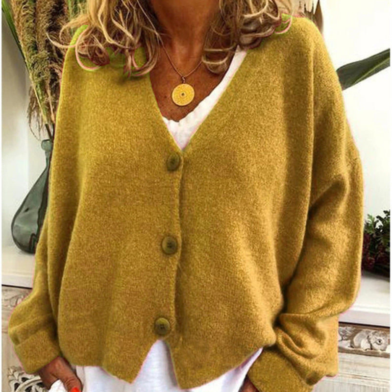 Damen lässiger Strickcardigan mit tiefem V-Ausschnitt und großen Knöpfen R&B