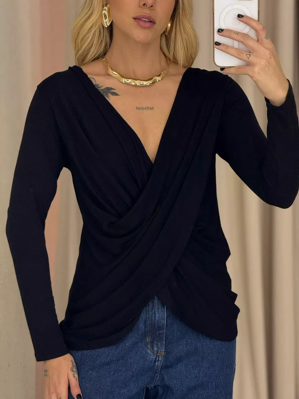 Damen Wickeloberteil mit tiefem V-Ausschnitt und Drapé-Design R&B