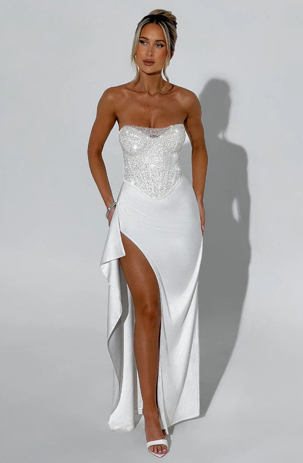 Damen Hochgeschlossenes Abendkleid mit transparentem Oberteil und seitlichem Schlitz EB