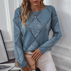 Damen modischer Pullover mit aufwendigem Strickdesign und Glitzerelementen