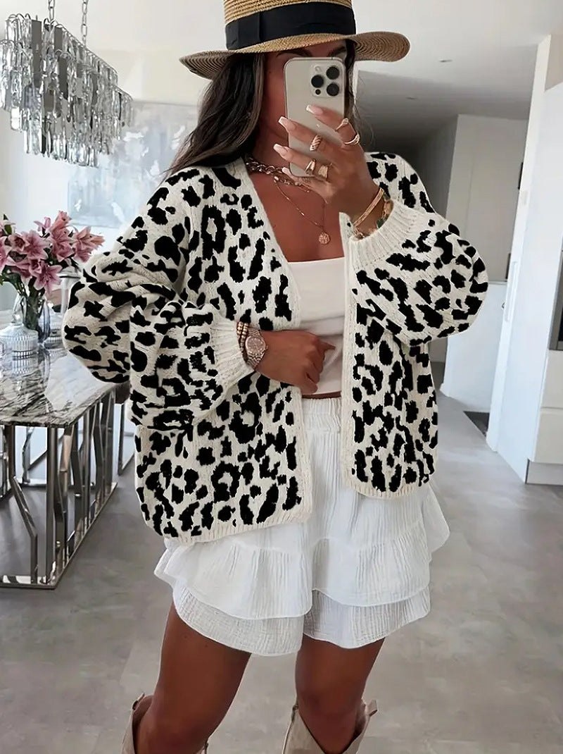 Damen lässiger Strickcardigan mit elegantem Leopardenmuster R&B