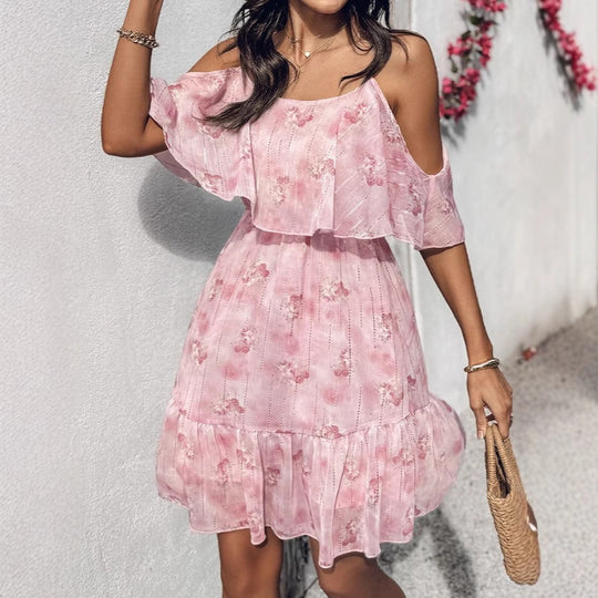 Damen fließendes Sommerkleid mit kaltem Schulterdesign und Rüschendetails R&B