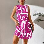 Damen A-linien Minikleid mit modernem grafischem Muster und Stehkragen R&B