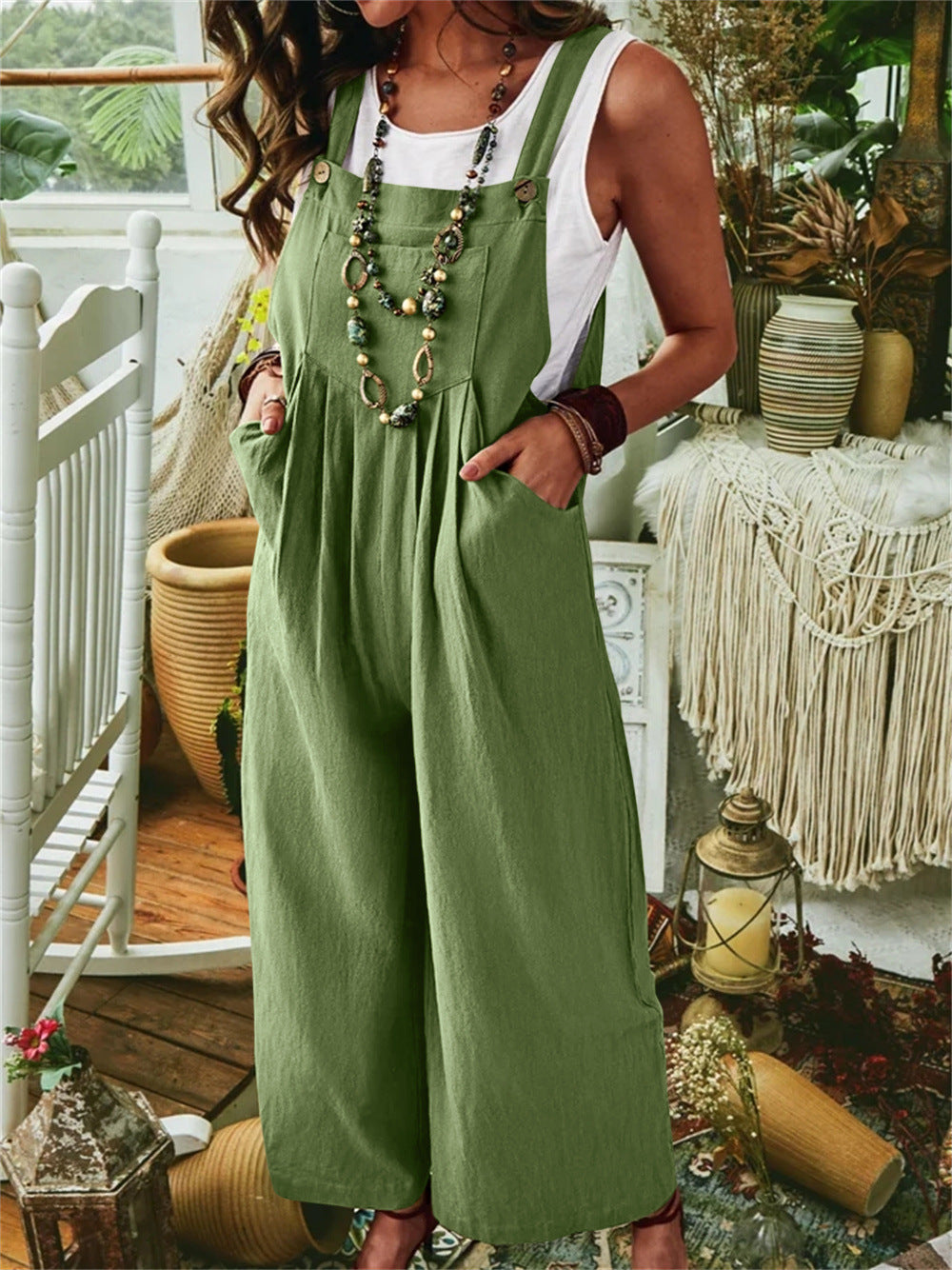 Damen Lässige Jumpsuit mit weitem Bein und Taschen R&B