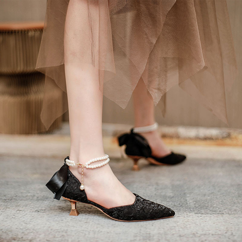 Damen elegante spitze Slingback-Pumps mit luxuriösem Perlenschmuck