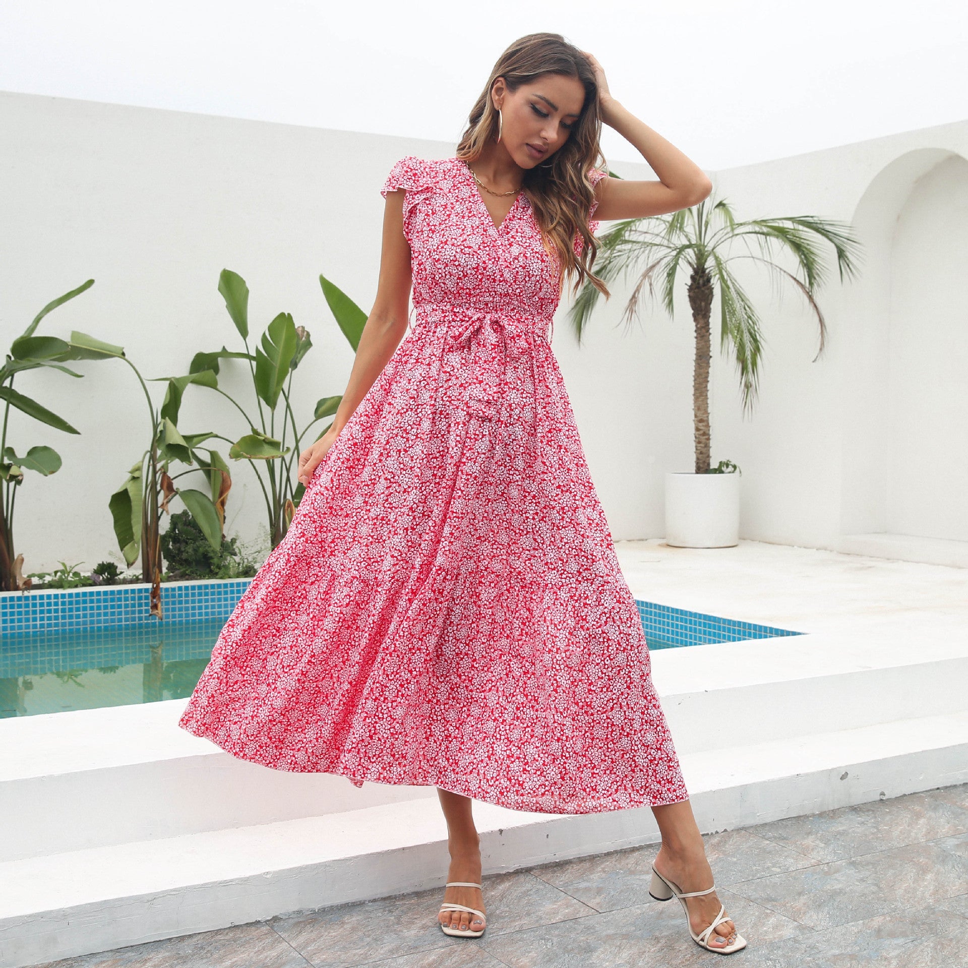 Damen Maxikleid mit floralem Muster und Taillengürtel R&B