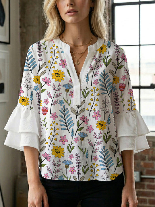 Damen Bluse mit voluminösen Rüschenärmeln und floralem Muster R&B
