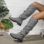 Damen hohe Stiefel mit modischem Rüschen-Design und dekorativem Riemen R&B
