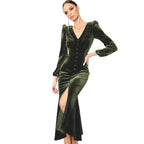 Damen Samt Maxikleid mit zentralem Knopfverschluss und seitlichem Schlitz R&B