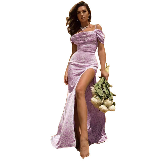 Damen Elegantes Maxikleid mit Off-Shoulder Design und hohem Beinschlitz R&B