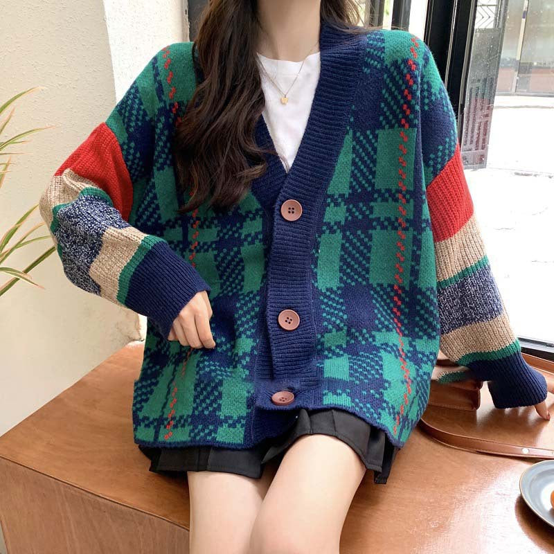 Damen Grobstrick-Cardigan mit buntem Karomuster und großen Holzknöpfen R&B