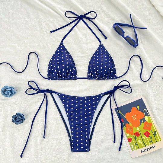 Damen Triangel-Bikini mit modischem Punkten-Design und verstellbaren Bindebändern R&B