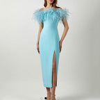 Damen Abendkleid mit federverziertem Oberteil und schlankem Schnitt R&B