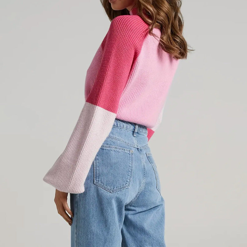 R&B | Pullover Sweatshirt Übergröße Fit Gerippter Strick Mock Neck Glockenärmel