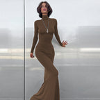 Damen figurbetontes Langarmkleid mit hohem Kragen und elegantem Schnitt R&B