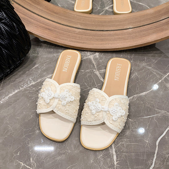 Damen nan elegante Mule mit quadratischer Zehenpartie Bouclé-Obermaterial und Perlenverzierung R&B
