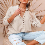 Damen nan lässiges Waffel-Polohemd mit Henley-Knopfleiste und überschnittener Schulter R&B
