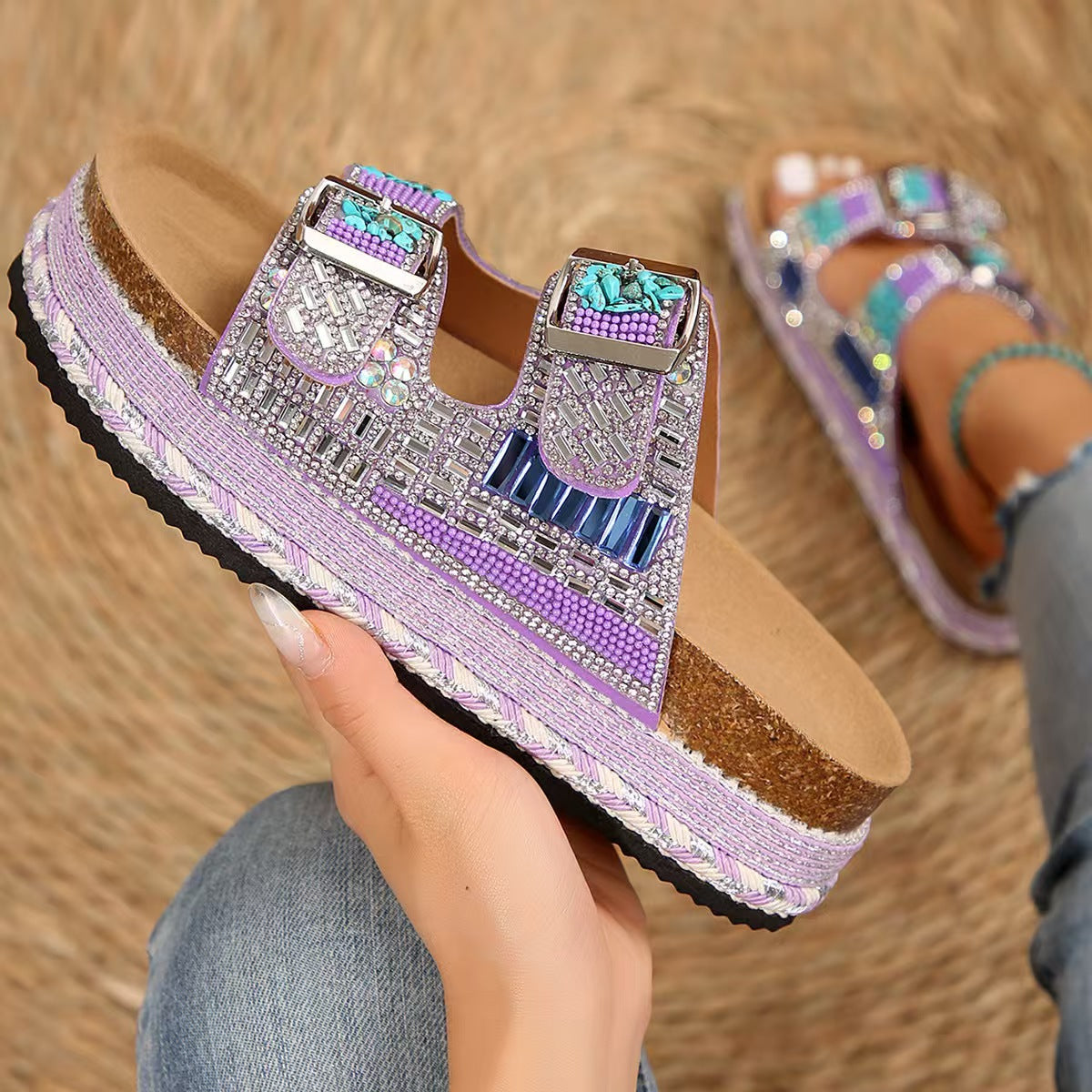 Damen Bequeme Riemensandalen mit Funkelnden Akzenten und Verstellbaren Riemen R&B