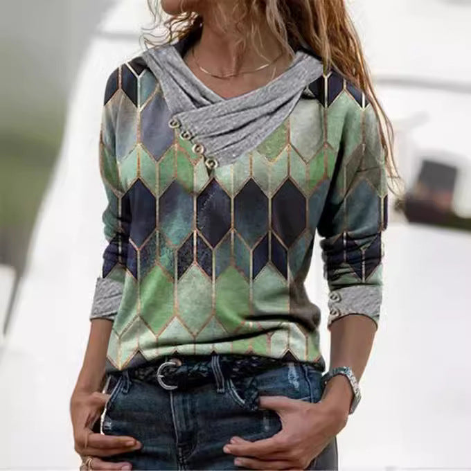 Damen modisches Langarmshirt mit V-Ausschnitt und dekorativen Knopfdetails R&B