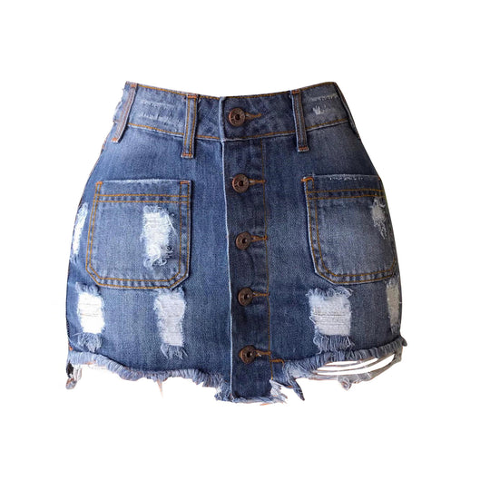 Damen Jeansrock mit Knopfverschluss und coolen Destroyed-Details R&B