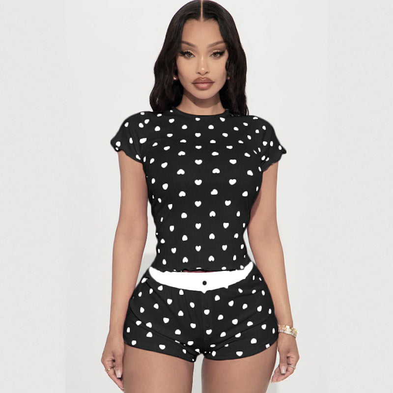 Damen Pyjama Set mit herzförmigem Muster und elastischem Bund R&B