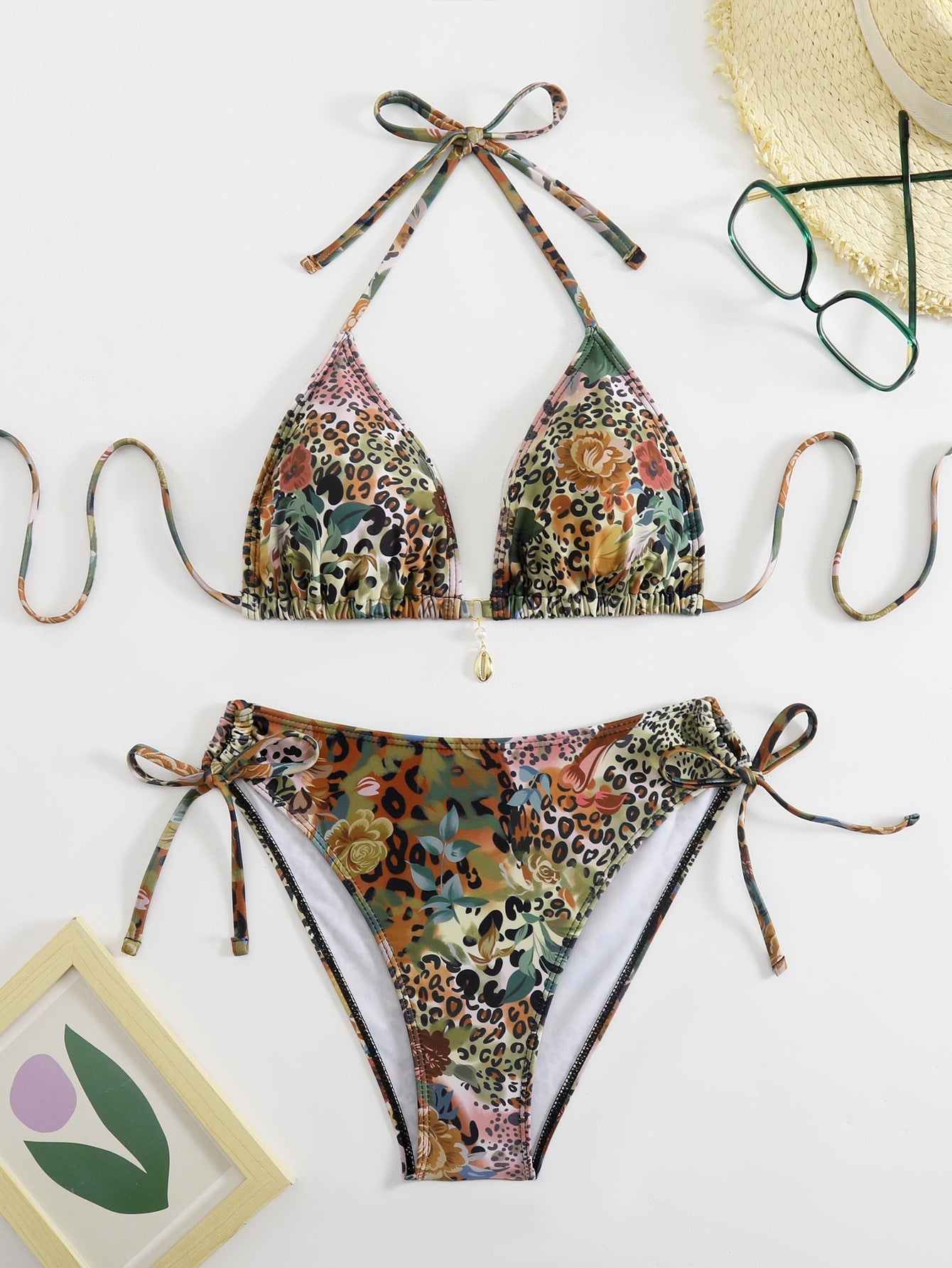 Damen Triangel-Bikini-Set mit floralem Leopardenmuster R&B