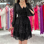 Damen festliches Mini-Kleid mit funkelnden Pailletten und voluminösen Ärmeln R&B