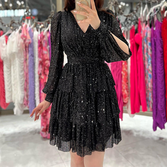 Damen festliches Mini-Kleid mit funkelnden Pailletten und voluminösen Ärmeln R&B