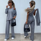 Damen nan elegantes Rippstrick-Zweiteiler Lounge-Set mit einseitigem Schulterfreischnitt und weitem Palazzo-Hosenbein R&B