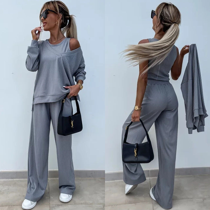 Damen nan elegantes Rippstrick-Zweiteiler Lounge-Set mit einseitigem Schulterfreischnitt und weitem Palazzo-Hosenbein R&B