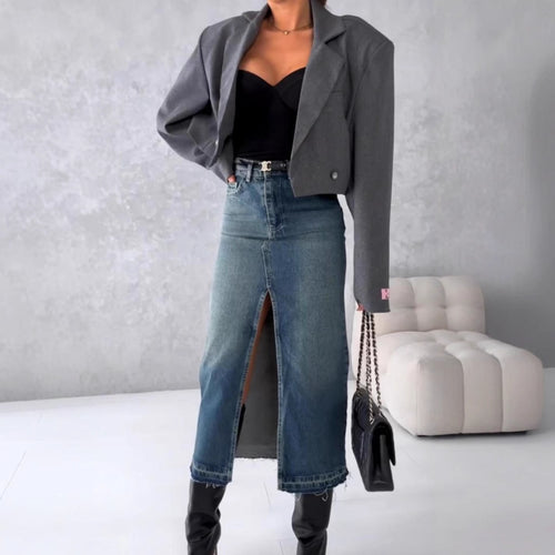 Damen Jeansrock mit hohem Schlitz im modernen Used-Look R&B