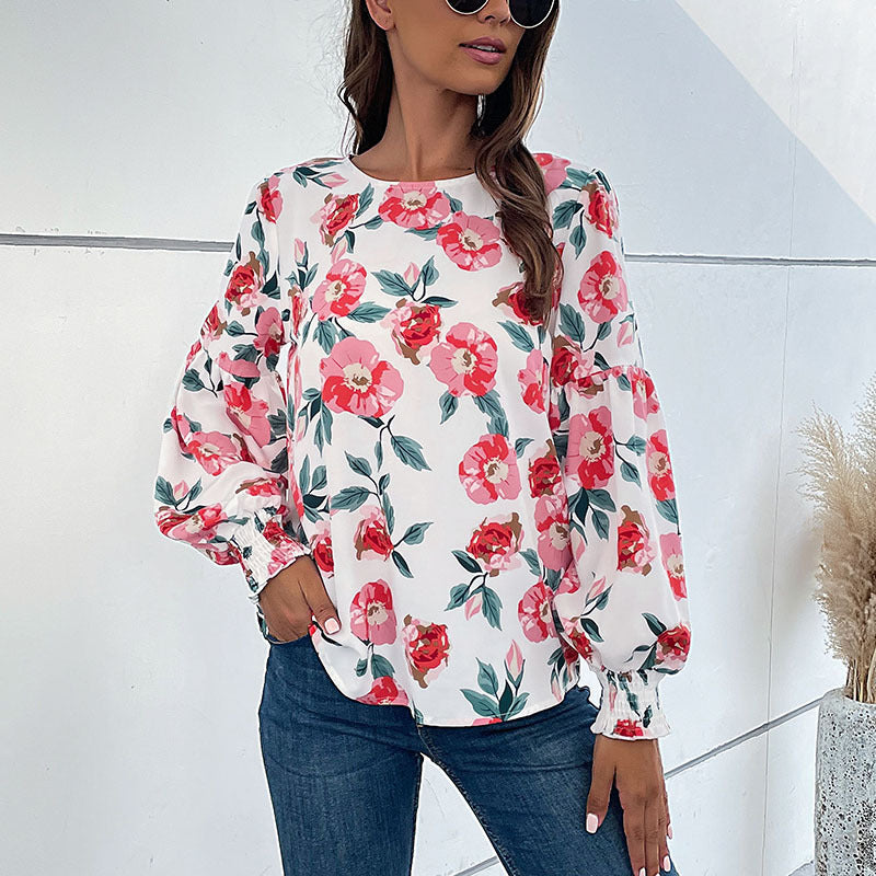 Damen Bluse mit floralen Mustern und voluminösen Ärmeln R&B