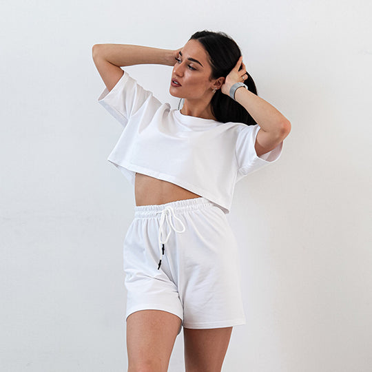 Damen lässiges Crop-Top und Shorts-Set mit elastischem Bund R&B
